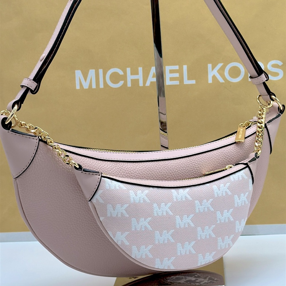 MICHAEL KORS Hollis Medium 2-in-1 Pebbled Leather and Logo Jacquard Shoulder Bag - Picture 10 of 16